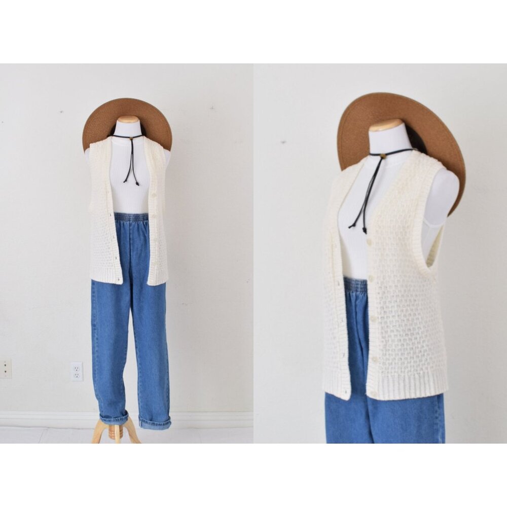Vintage 80s Off-White Acrylic Sleeveless‎ Cardigan Vest